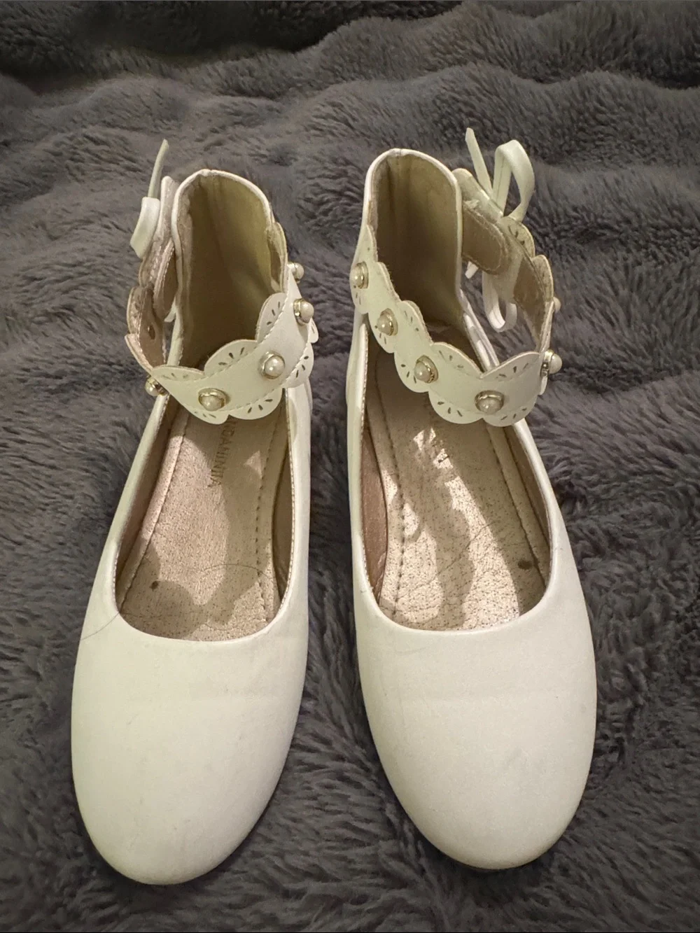 Girls White Dress Ballet Flats with Pearl Ankle Strap